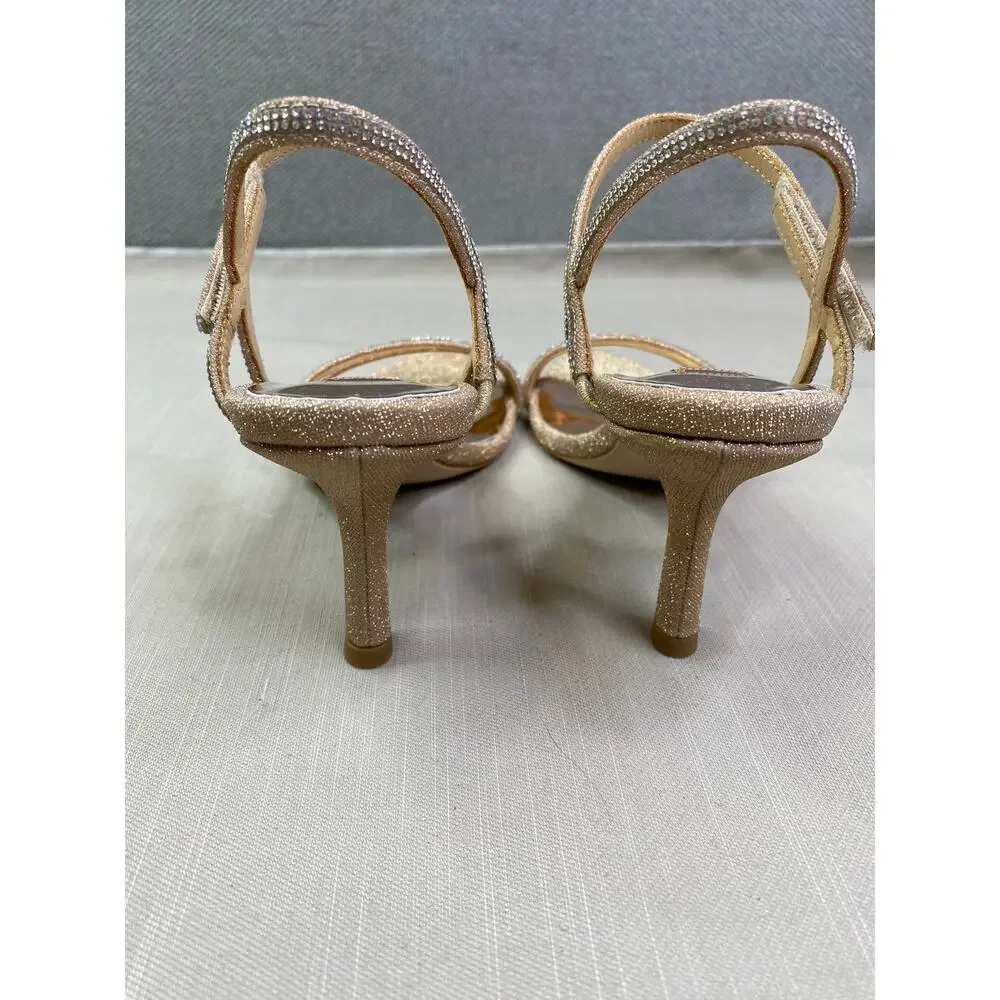 NWB Badgley Mischka Dessa Strass Ankle-Grip Sandals, Platino Gold, Sz 6.5